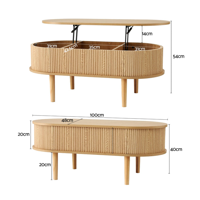 Artiss Lift Top Coffee Table Fluted Centre Table with Hidden Storage Oval 100cm
