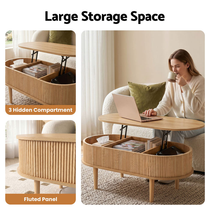 Artiss Lift Top Coffee Table Fluted Centre Table with Hidden Storage Oval 100cm