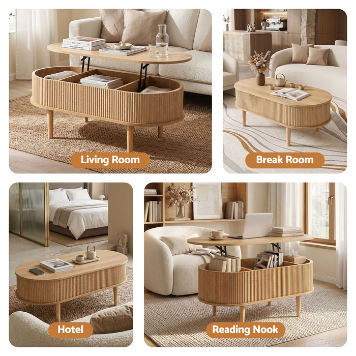 Artiss Lift Top Coffee Table Fluted Centre Table with Hidden Storage Oval 100cm