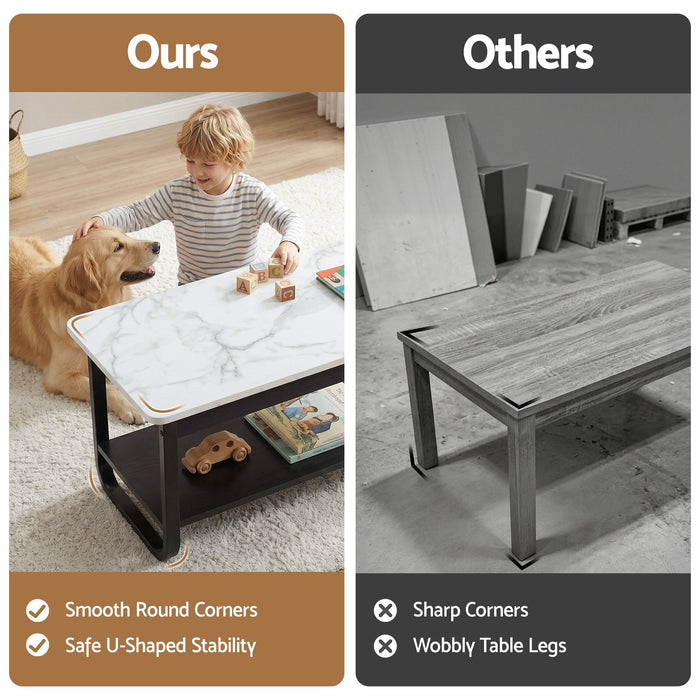 Artiss Coffee Table 2-Tier 80CM Marble Finish Shelf Black&White