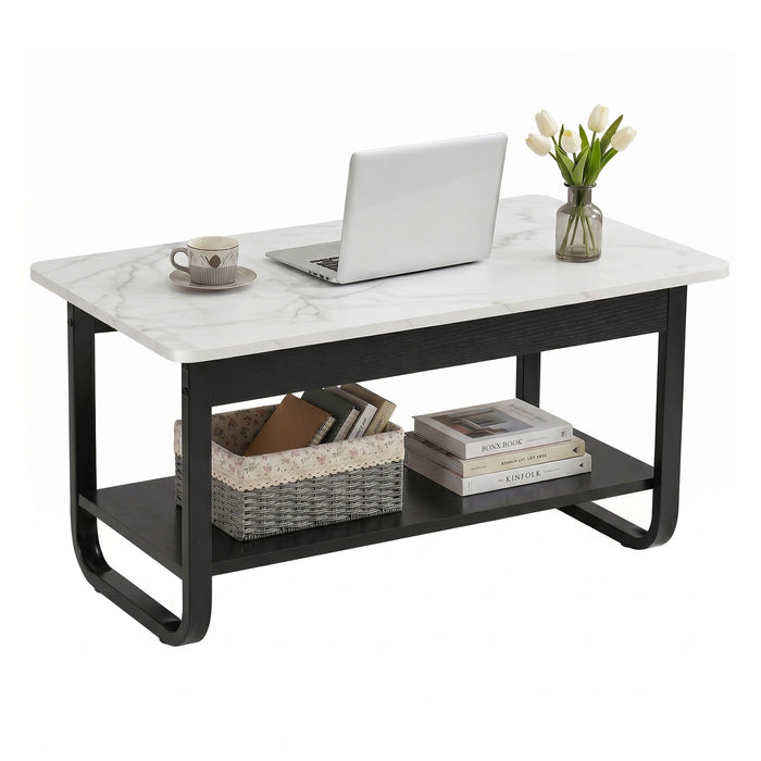 Artiss Coffee Table 2-Tier 80CM Marble Finish Shelf Black&White