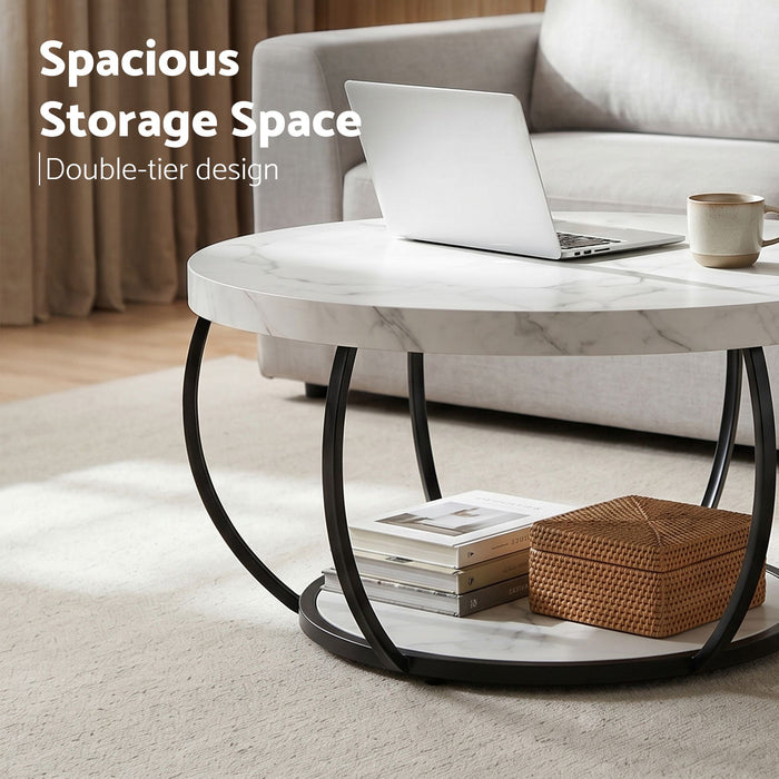 Artiss Coffee Table 2-Tier Marble Finish Round White&Black