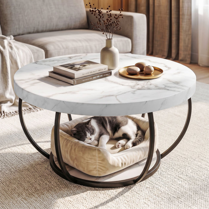 Artiss Coffee Table 2-Tier Marble Finish Round White&Black