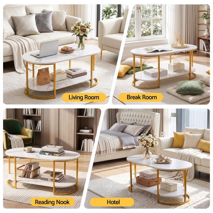 Artiss Coffee Table 2 Tier Oval Marble Finish Storage Shelf Metal Frame Center Table Living Room 100x50x45cm White & Gold