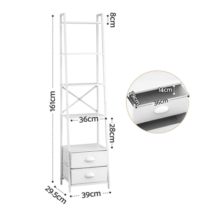 Artiss 5 Tier Bookshelf Ladder Bookcase with Fabric Drawers Display Rack White