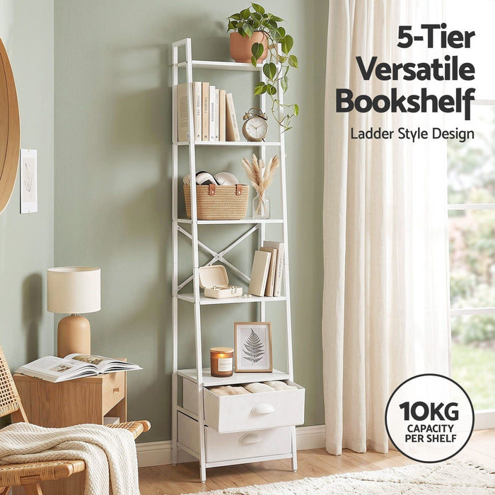 Artiss 5 Tier Bookshelf Ladder Bookcase with Fabric Drawers Display Rack White