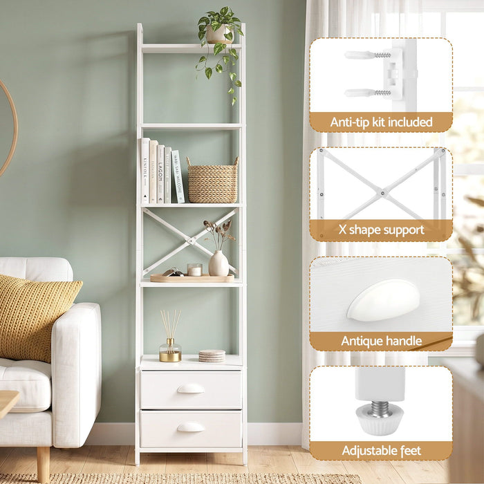 Artiss 5 Tier Bookshelf Ladder Bookcase with Fabric Drawers Display Rack White