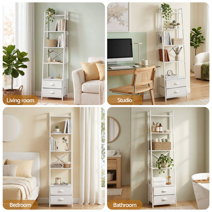 Artiss 5 Tier Bookshelf Ladder Bookcase with Fabric Drawers Display Rack White