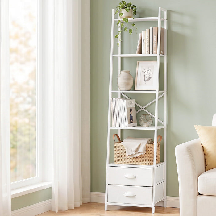 Artiss 5 Tier Bookshelf Ladder Bookcase with Fabric Drawers Display Rack White