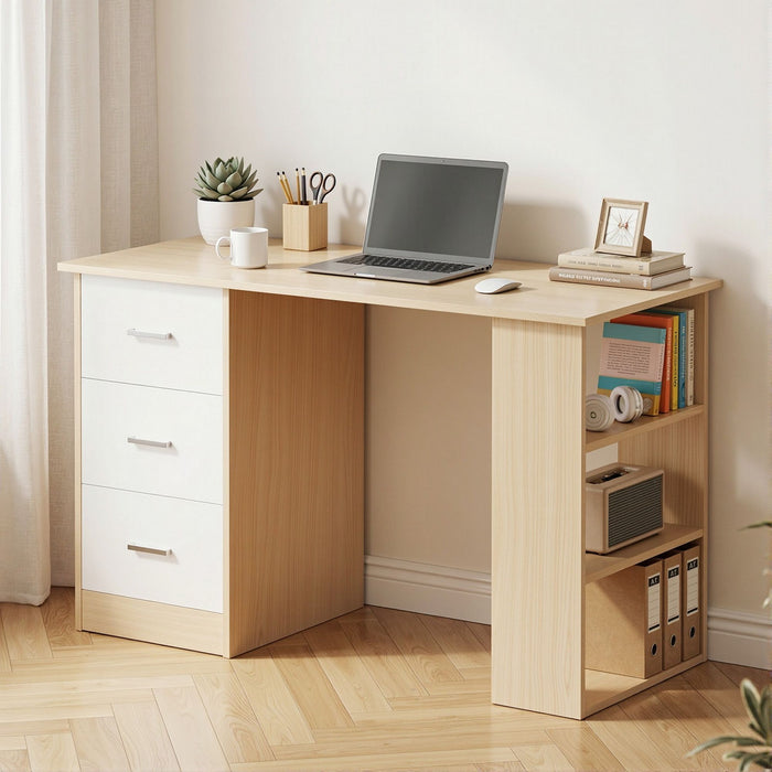 Artiss Computer Desk Drawer Shelf Oak White 120CM
