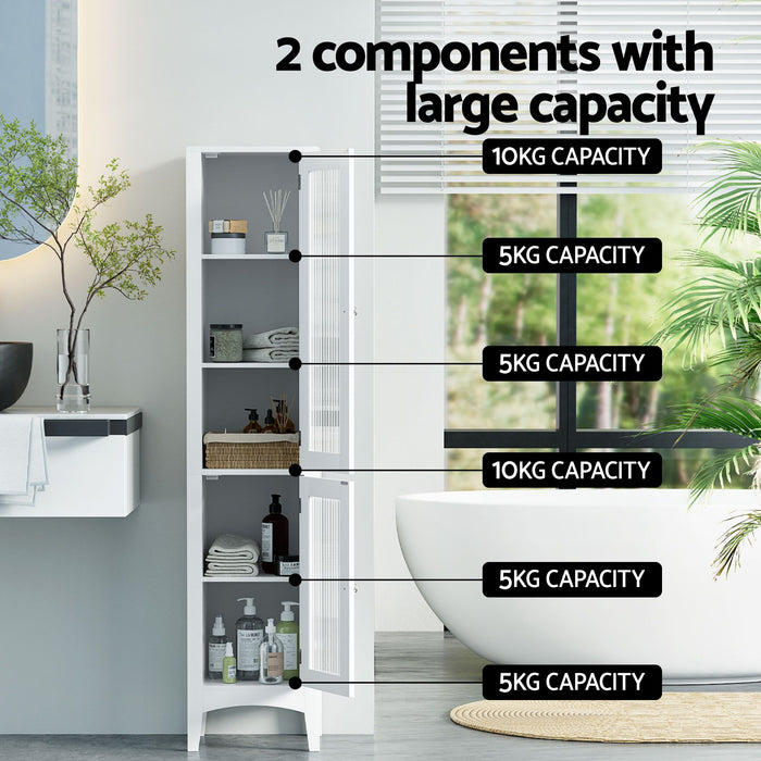 Artiss 2X Bathroom Storage Cabinet 160cm Tall Slim Floor Cupboard Toilet Glass Door White