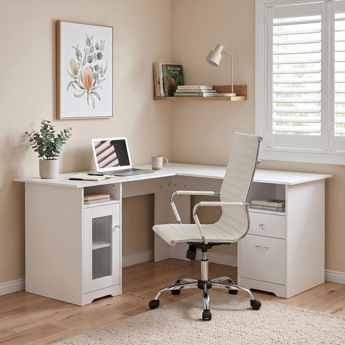 Artiss Office Desk and Chair Set L Shape Computer Desk 150cm with Storage Cabinet & Drawers, Ergonomic PU Leather Office Chair, White Home Office Furniture