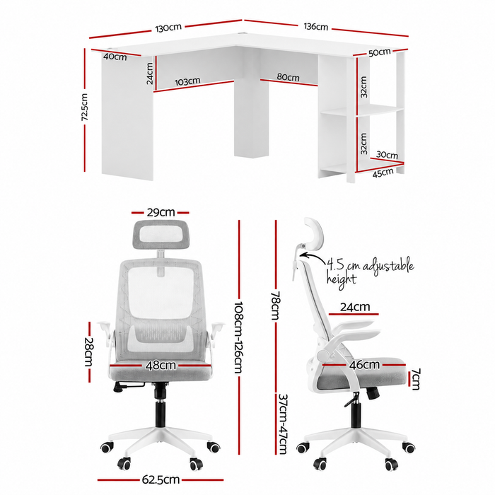Artiss Home Office Desk and Chair Set, 136cm L Shaped Computer Desk with Shelves & Cable Management, Ergonomic Mesh Office Chair with Adjustable Headrest, Flip-Up Armrests