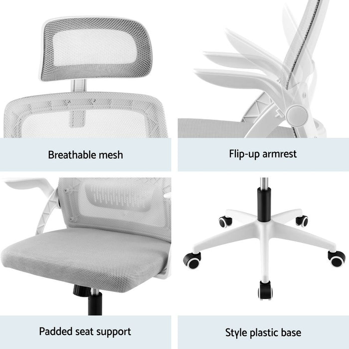 Artiss Home Office Desk and Chair Set, 136cm L Shaped Computer Desk with Shelves & Cable Management, Ergonomic Mesh Office Chair with Adjustable Headrest, Flip-Up Armrests