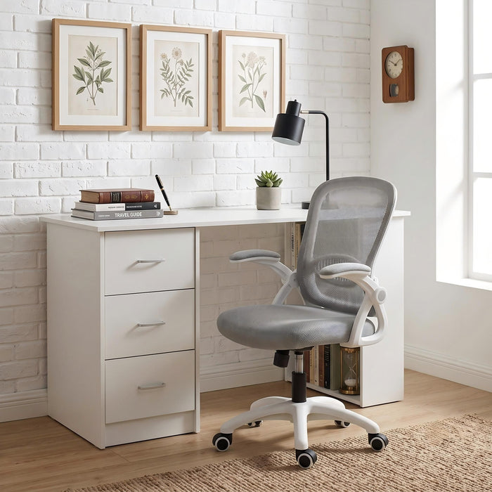 Artiss Computer Desk & Ergonomic Office Chair Set 120cm Home Office Study Desk with 3 Drawers & 3 Shelves, Mesh Computer Chair with Flip-Up Armrests