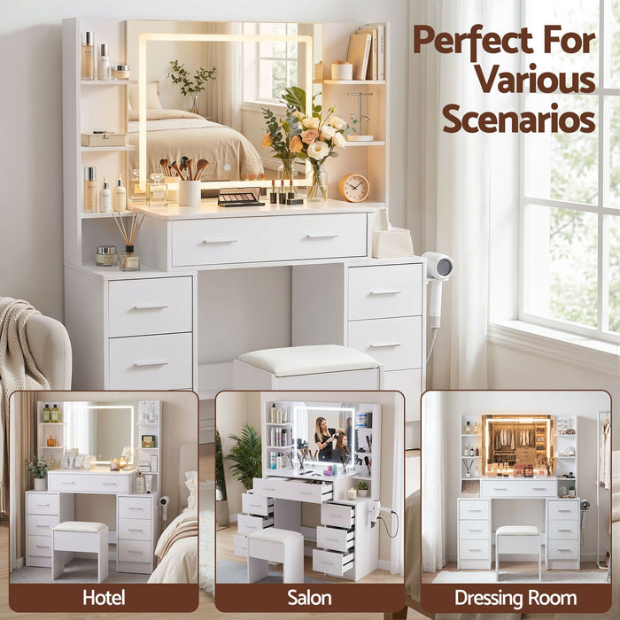 Artiss Dressing Table Vanity Desk Set Stool LED Charging Station White