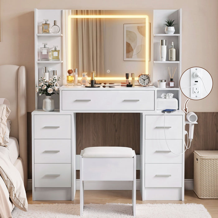 Artiss Dressing Table Vanity Desk Set Stool LED Charging Station White