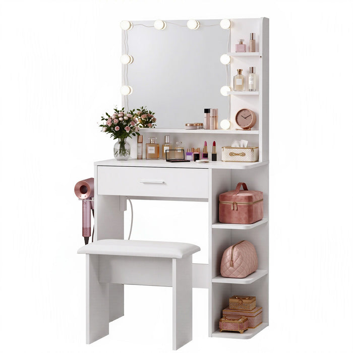 Artiss Dressing Table Vanity Desk LED Mirror Stool Storage Power Outlet Hairdryer Holder White