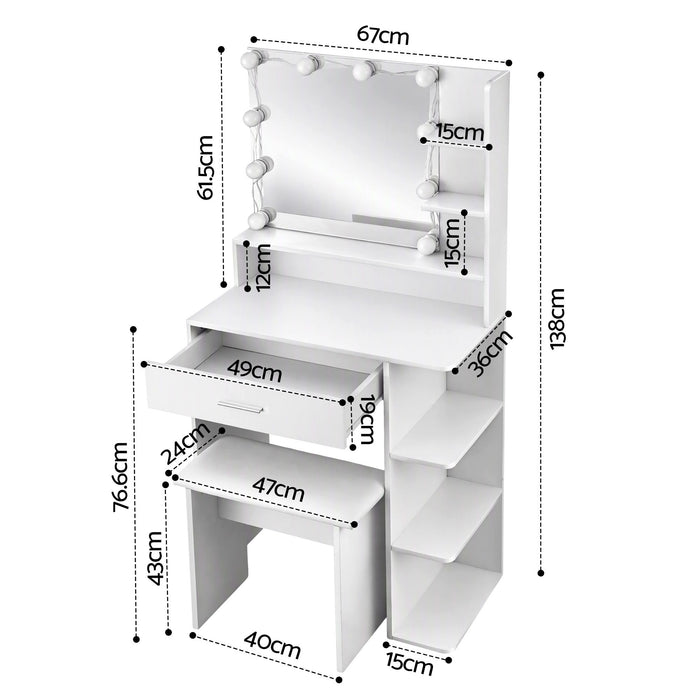 Artiss Dressing Table Vanity Desk LED Mirror Stool Storage Power Outlet Hairdryer Holder White