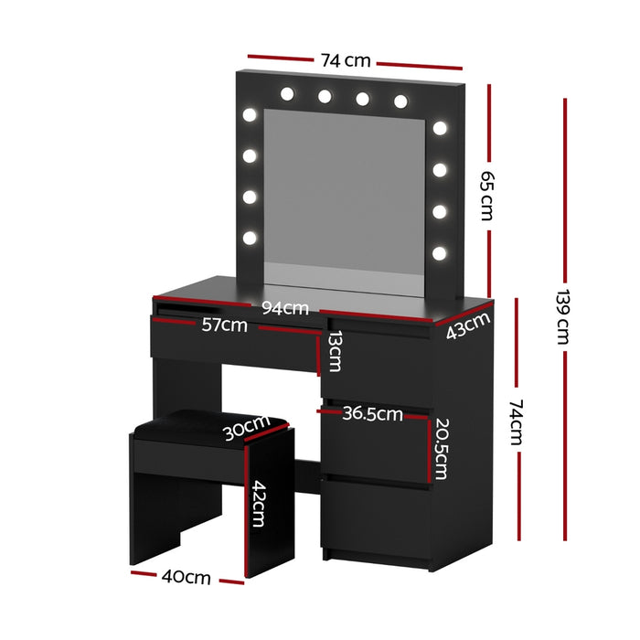 Artiss Dressing Table Set Stool 12 Led Bulbs Black