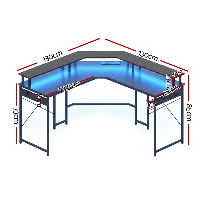 Artiss L-Shape Gaming Desk Computer Desks RGB LED Power Outlet 130cm Black