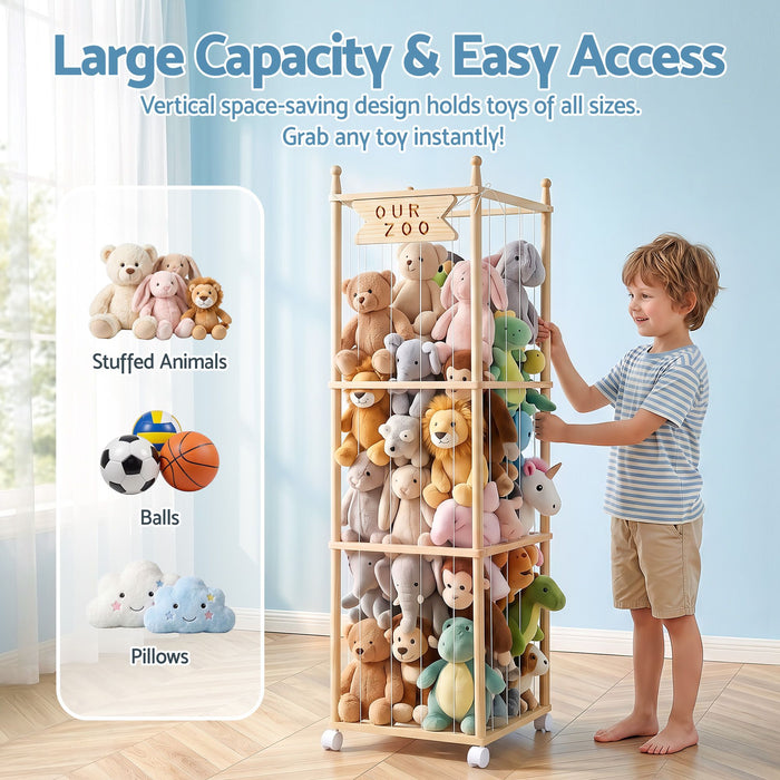 Keezi Stuffed Animal Storage Wooden Toy Holder with Wheels Soft Toy Storage Zoo Cage Stuffy Toy Storage Organizers with Elastic Cords for Playroom Bedroom Nursery