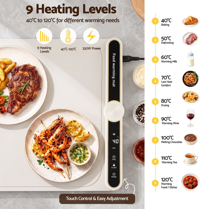 Devanti Food Warming Mat 60 x 38cm Electric Food Warmer With Timer White