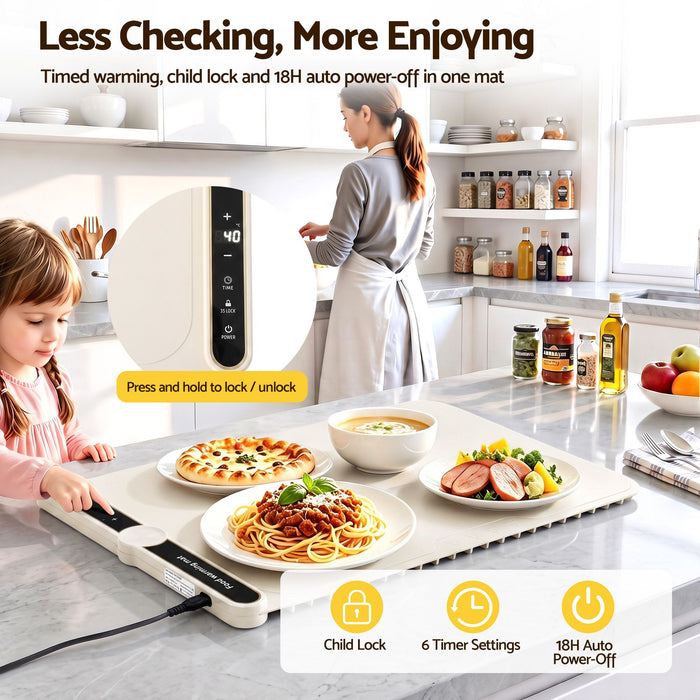 Devanti Food Warming Mat 60 x 38cm Electric Food Warmer With Timer White