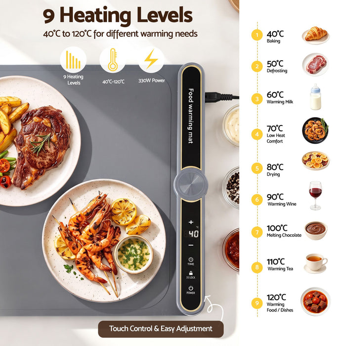 Devanti Food Warming Mat 80cm Electric Food Warmer Roll Up Buffet Tray Grey
