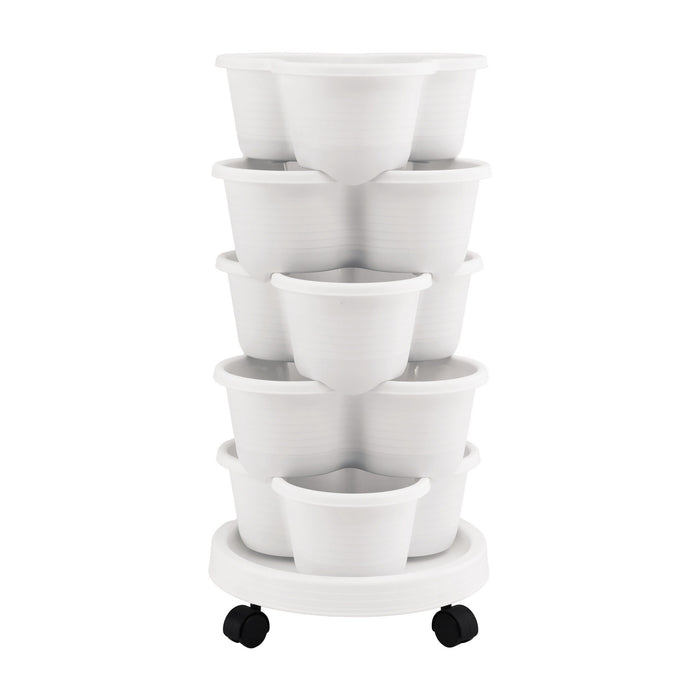 Green Fingers 5 Tier Vertical Garden Planter, Stackable Planters with Wheels, White, Garden Bed, Garden Tower Indoor Outdoor, Auto Drainage System, for Strawberries, Herbs, Flowers, Vegetables