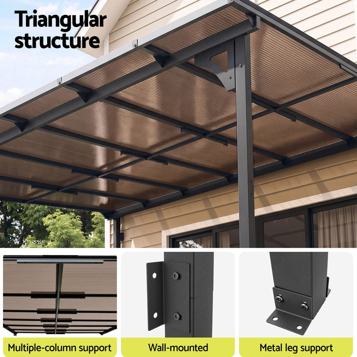 Instahut Gazebo Lean-To Pergola Garden Patio Polycarbonate 356cm X 275cm Brown