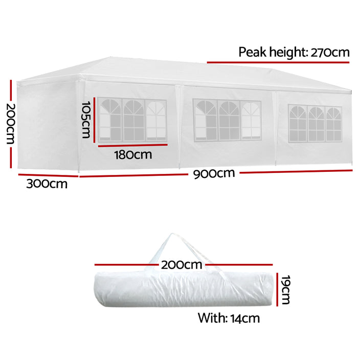 Instahut Gazebo 3x9m Marquee Wedding Party Tent Outdoor Camping Side Wall Canopy 8 Panel White