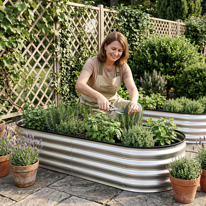 Green Fingers Raised Garden Bed Galvanised Oval Metal Planter Box Large Outdoor 150x70x30cm Silver