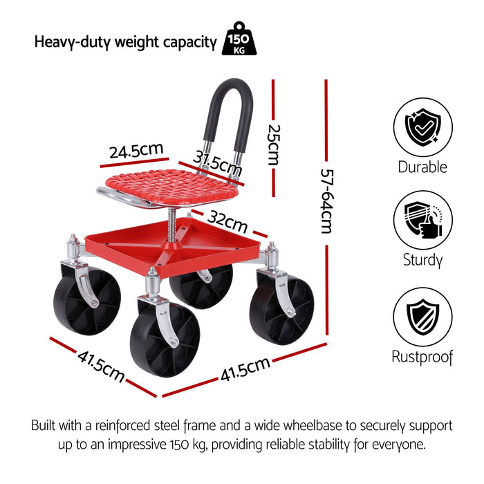 Gardeon Garden Cart Seat Rolling Stool 360 Swivel Height Adjustable Heavy Duty Red