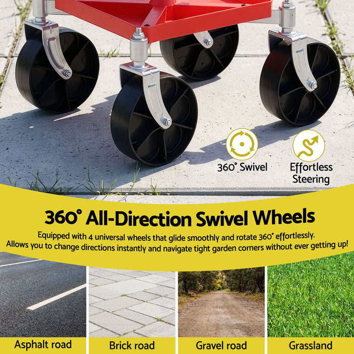 Gardeon Garden Cart Seat Rolling Stool 360 Swivel Height Adjustable Heavy Duty Red