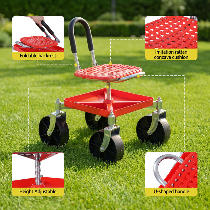 Gardeon Garden Cart Seat Rolling Stool 360 Swivel Height Adjustable Heavy Duty Red