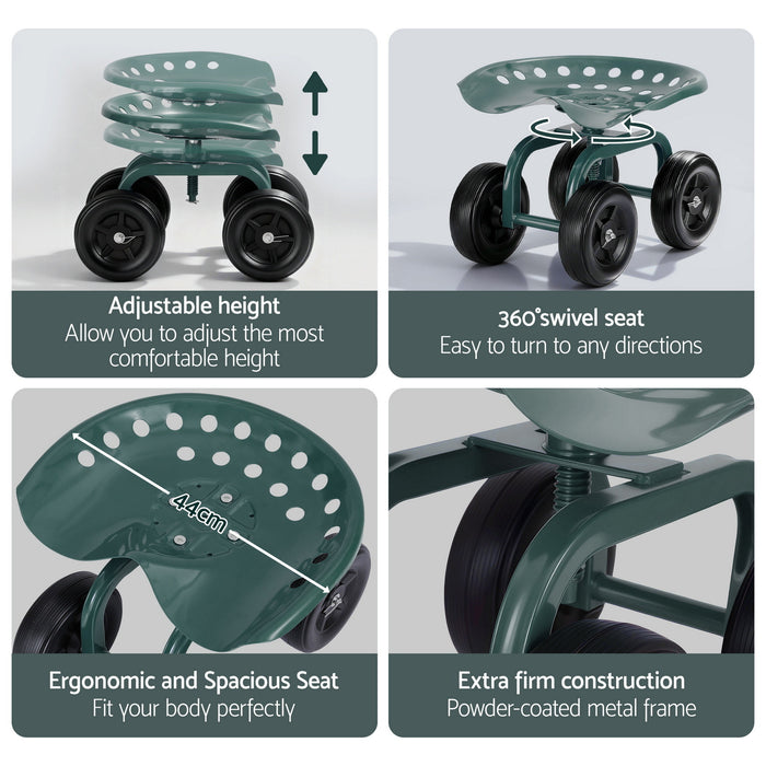 Gardeon Garden Seat 360 Swivel Rolling Adjustable Height Work Scooter Cart Wheels Heavy Duty 150kg