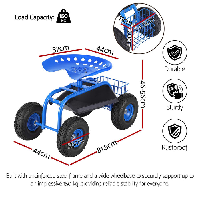 Gardeon Garden Seat with Wheels 360 Swivel Adjustable Height Rolling Stool 150kg