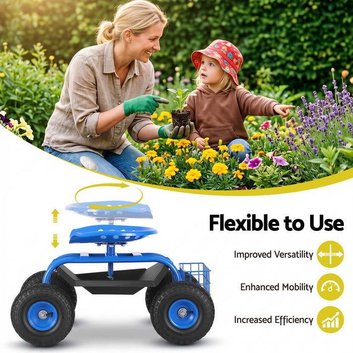 Gardeon Garden Seat with Wheels 360 Swivel Adjustable Height Rolling Stool 150kg