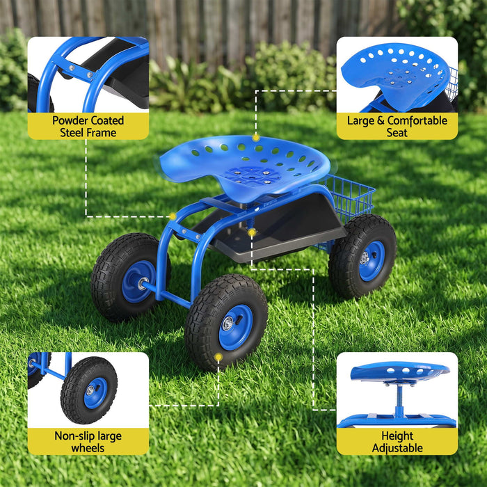 Gardeon Garden Seat with Wheels 360 Swivel Adjustable Height Rolling Stool 150kg