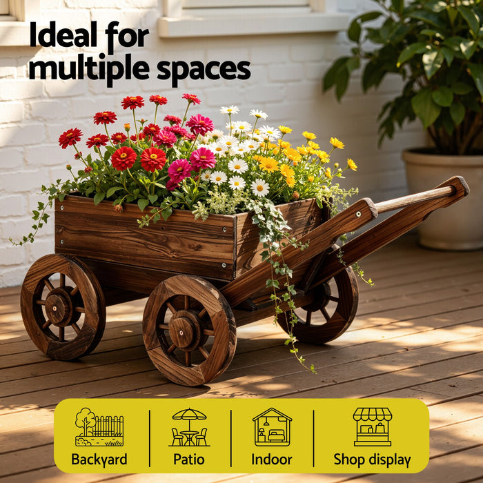 Gardeon Wooden Planter Cart Garden Decor Plant Stand Flower Fir Wood Wagon Wheels L