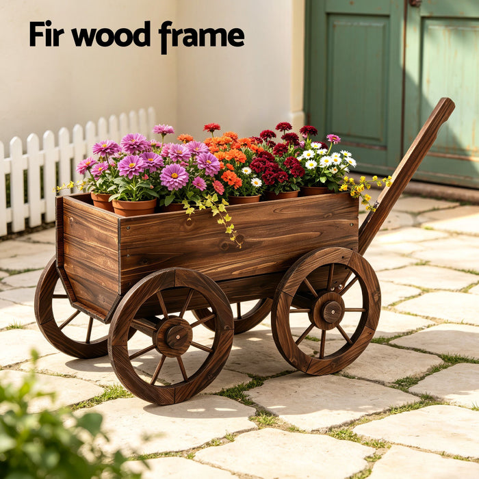 Gardeon Wooden Planter Cart Garden Decor Plant Stand Fir Wood Flower Wagon Wheels XL