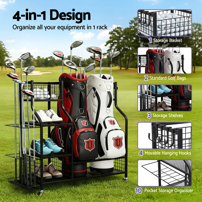 Everfit Golf Bag Storage Golf Storage Garage Organizer with Wheels Black