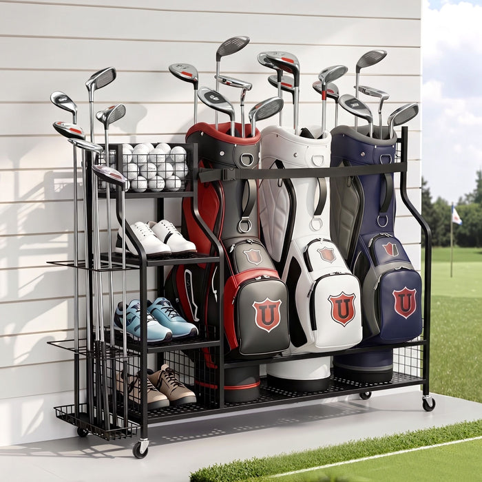Everfit Golf 3 Bag Storage Golf Storage Garage Organizer with Wheels Black