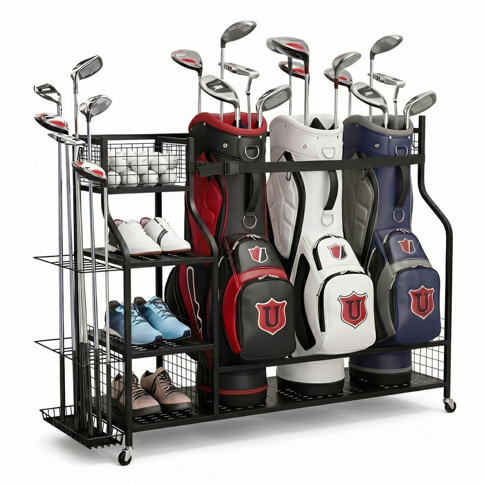 Everfit Golf 3 Bag Storage Golf Storage Garage Organizer with Wheels Black