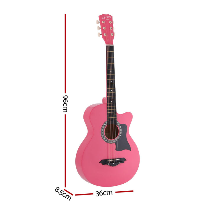 Alpha 38 Inch Acoustic Guitar Folk Cutaway Steel String Pink With Carry Bag