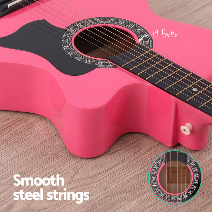 Alpha 38 Inch Acoustic Guitar Folk Cutaway Steel String Pink With Carry Bag
