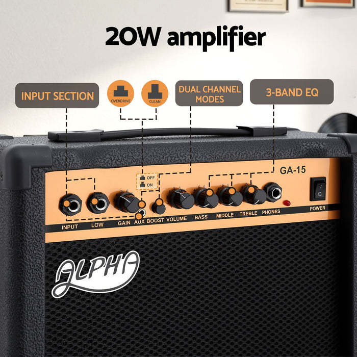 Alpha 20W Guitar Amplifier Portable Practice Amp Overdrive 3-Band EQ Black