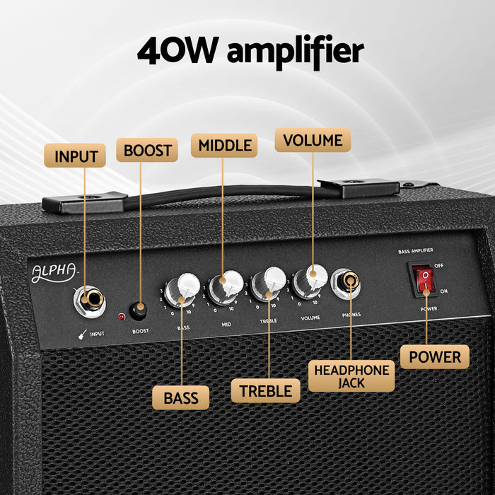 Alpha Electric Guitar Bass 47 Inch Set Kit 40W Bass Guitar Amplifier Guitar Stand Folding