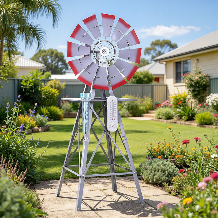 Gardeon Garden Windmill Metal Weather Station with Rain Gauge 122cm Silver